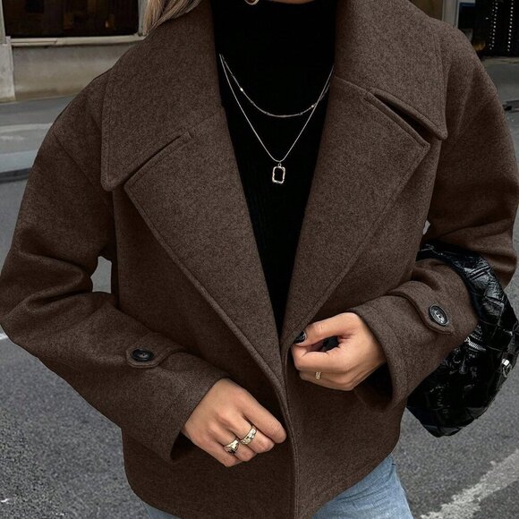 Coffee Brown Casual Women's Large Lapel Decorated Button Long Sleeve Coat - Picture 3 of 7